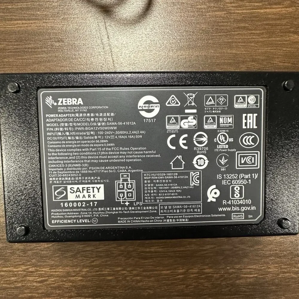 Zebra Power Supply SAWA-56-41612A PWR-BGA12V50W0WW 12V 4.16A 50W AC Adapter